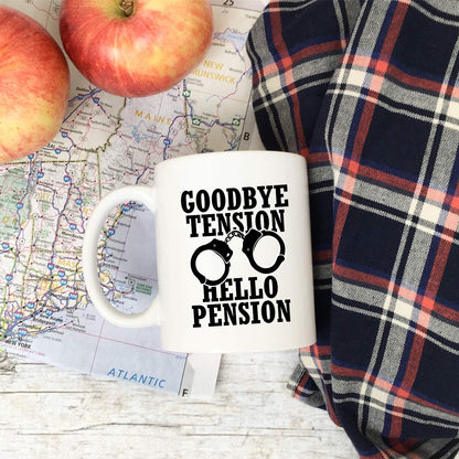 YouNique Designs Goodbye Tension Hello Pension - 11 Oz Portable Coffee Mug, Retirement Gift for Police Officer