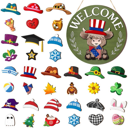 35 Pcs Patriotic Interchangeable Highland Cow Welcome Sign Highland Cow Seasonal Wooden Hanging Door Decor 4th of July Farmhouse Hanging Sign for Front Door Graduation Party Decoration(Grass Green)
