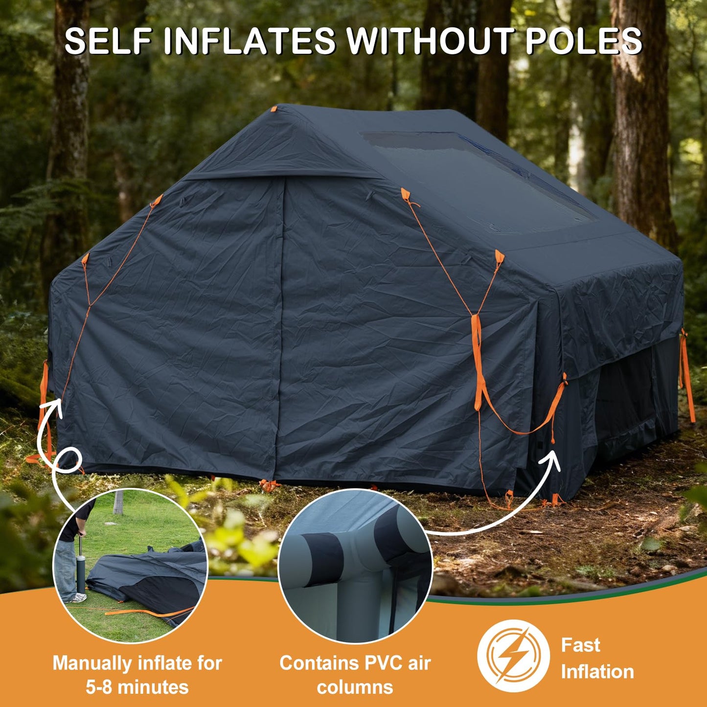 Blow Up Tent with Skylight and Stove Jack,4-6 Person Inflatable Camping Hot Tent with Pump,Easy Setup Family Camping Tent 4 Season Waterproof Outdoor Tents,Grey