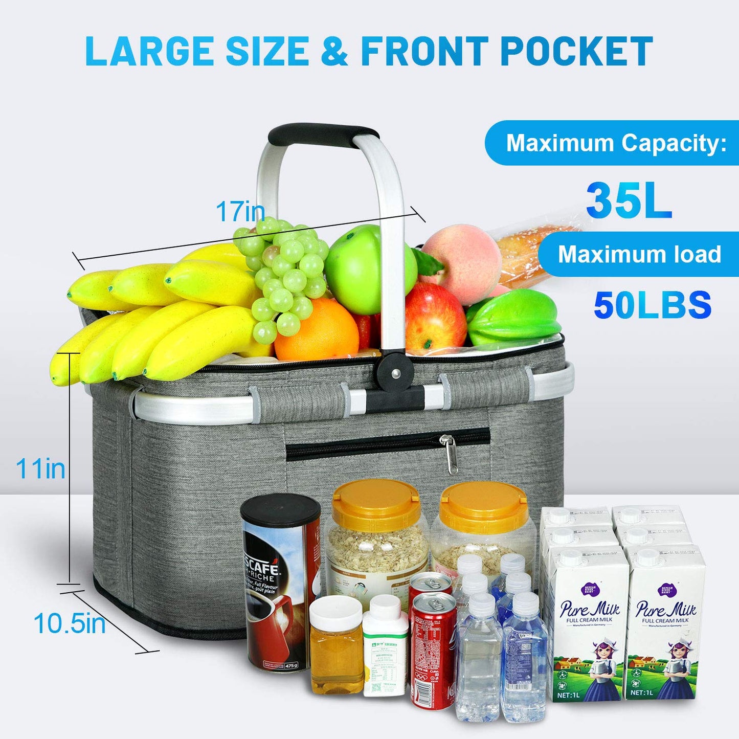 LIQING 35L Large Picnic Basket 2 Layers of Internal Pockets Leak-Proof and Insulated ，Folding with Internal Support for enhansed Stability, Wedding Gifts for Couple(Grey)