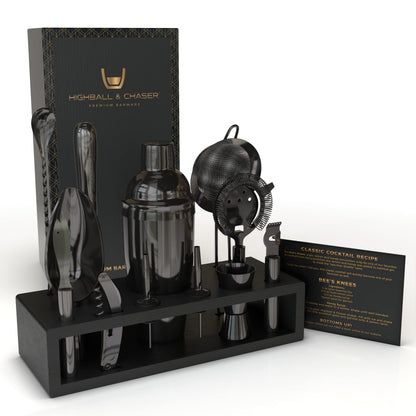 Highball & Chaser 13-Piece Cobbler Cocktail Shaker Set: Black Polished Stainless Steel Bartender Kit for Home Bar Set | Laser Engraved Tools Plus E-Book with 30 Recipes