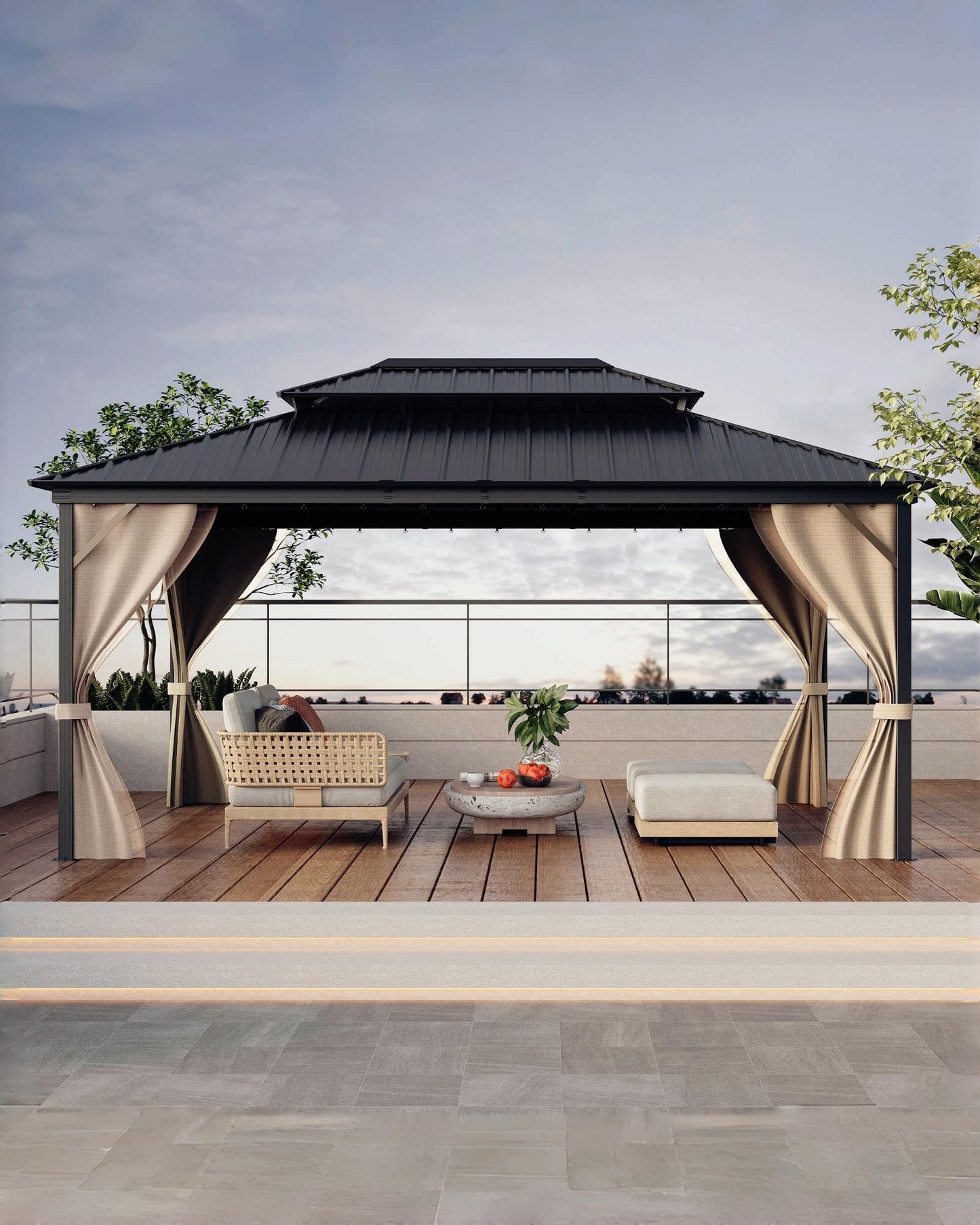 12x16 ft Hardtop Gazebo for All Weather, Double Metal Roof, Reinforced Aluminum Frame, Curtains & Netting, Permanent Outdoor Pavilion for Patio, Deck, Backyard, Lawn, Garden, Matte Black Finish