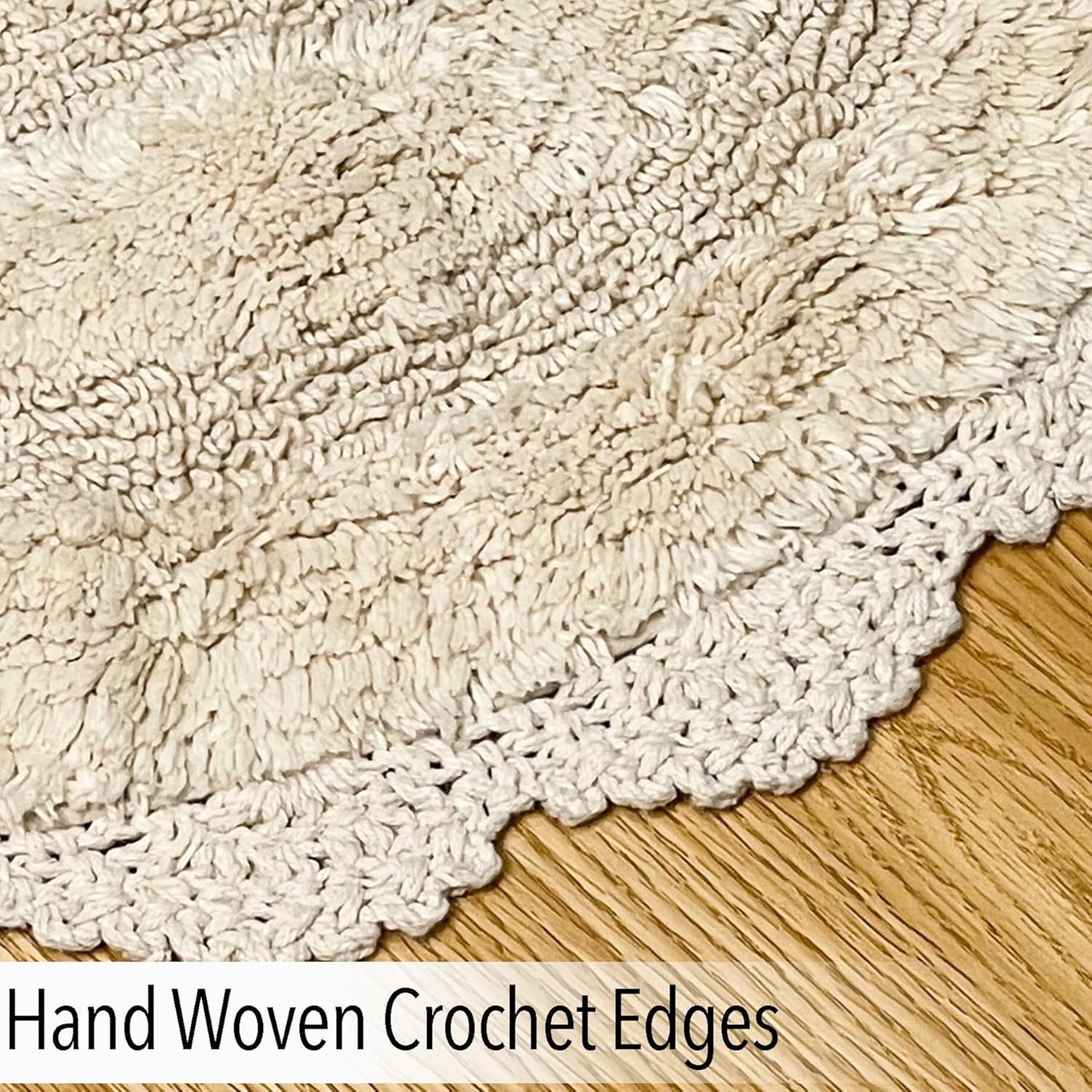 Chardin Home Ivory Crochet Bathrug, 100% Cotton Oval Bathmat with Handcrafted Crochet Border, 21x34 Inch