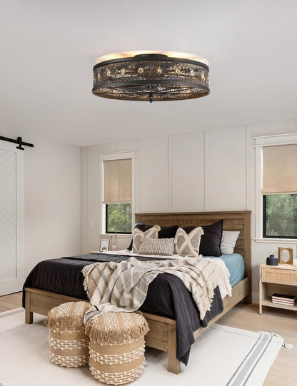 24 Inch Ceiling Fan with Light and Remote,24" Bladeless Caged Fandelier,Low Profile Flush Mount Enclosed Crystal Chandelier Ceiling Fan Light Fixture for Master Bedroom,Dining Room,Living Room,Kitchen