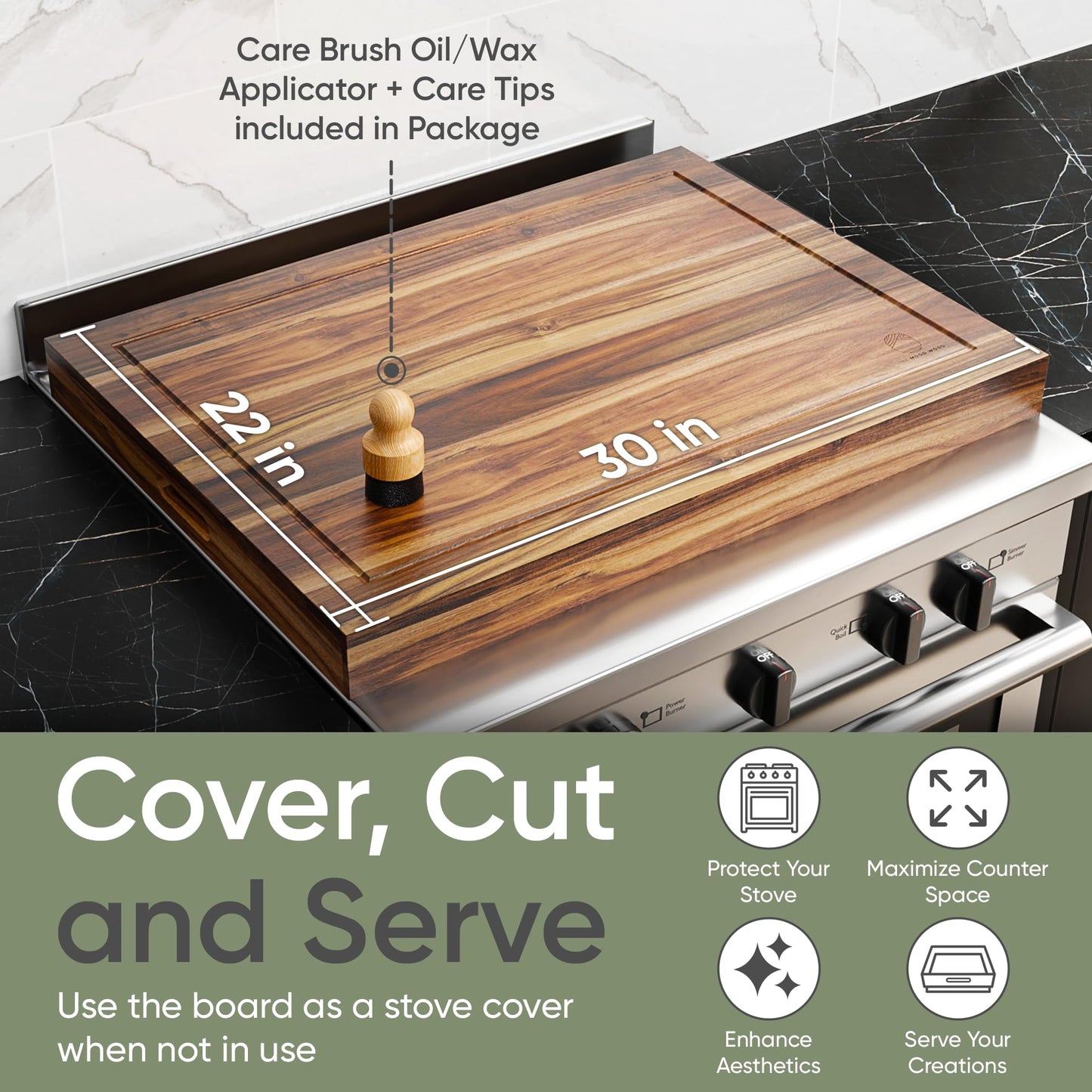 Noodle Board Stove Cover Cutting Board with Handle - Stove Top Cover with Care Brush FSC Certified - Multiuse Gas Stove Cover Board for Serving Chopping Decorating, 30”x22”(Outer) / 28.5”x20.5”(Inner)