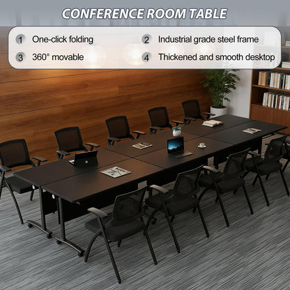 Conference Room Table with Wheels 6ft Folding Modular Large Black Conference Table Foldable Modern Rectangle Training Meeting Tables for Classroom Office(10, Black, D 55")