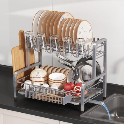 2 Tier Dish Drainer Drying Rack for Kitchen Counter, Large Stainless Steel Dishes Dryer with Drainboard, Space Saving, Big Rustproof Metal Modern Countertop Plates Strainer with Utensil Holder, Sliver