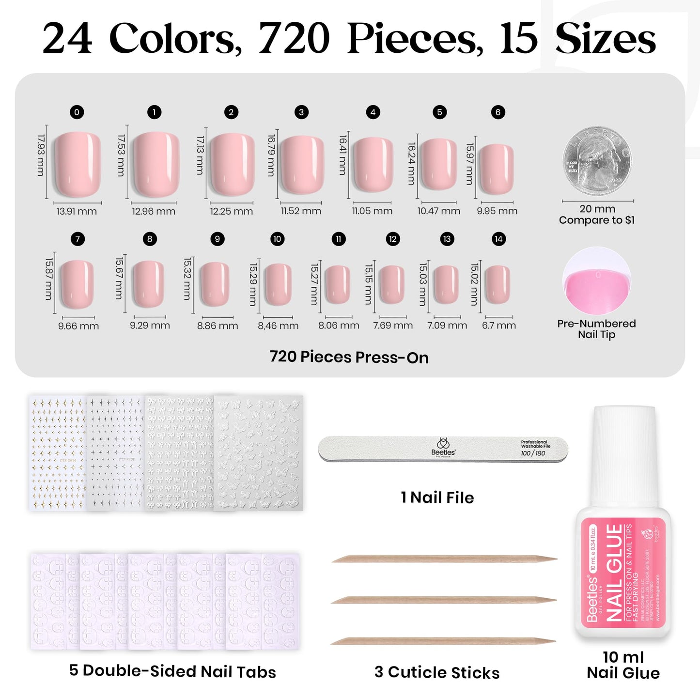 Beetles Press on Nails Kit 720Pcs 24 Colors, Press on Nails Short Almond Glossy Matte Glitter With Nail Glue & Nail Tabs Stickers, Natural Fit Lightweight Fake Nails Kit Art For Women Girls
