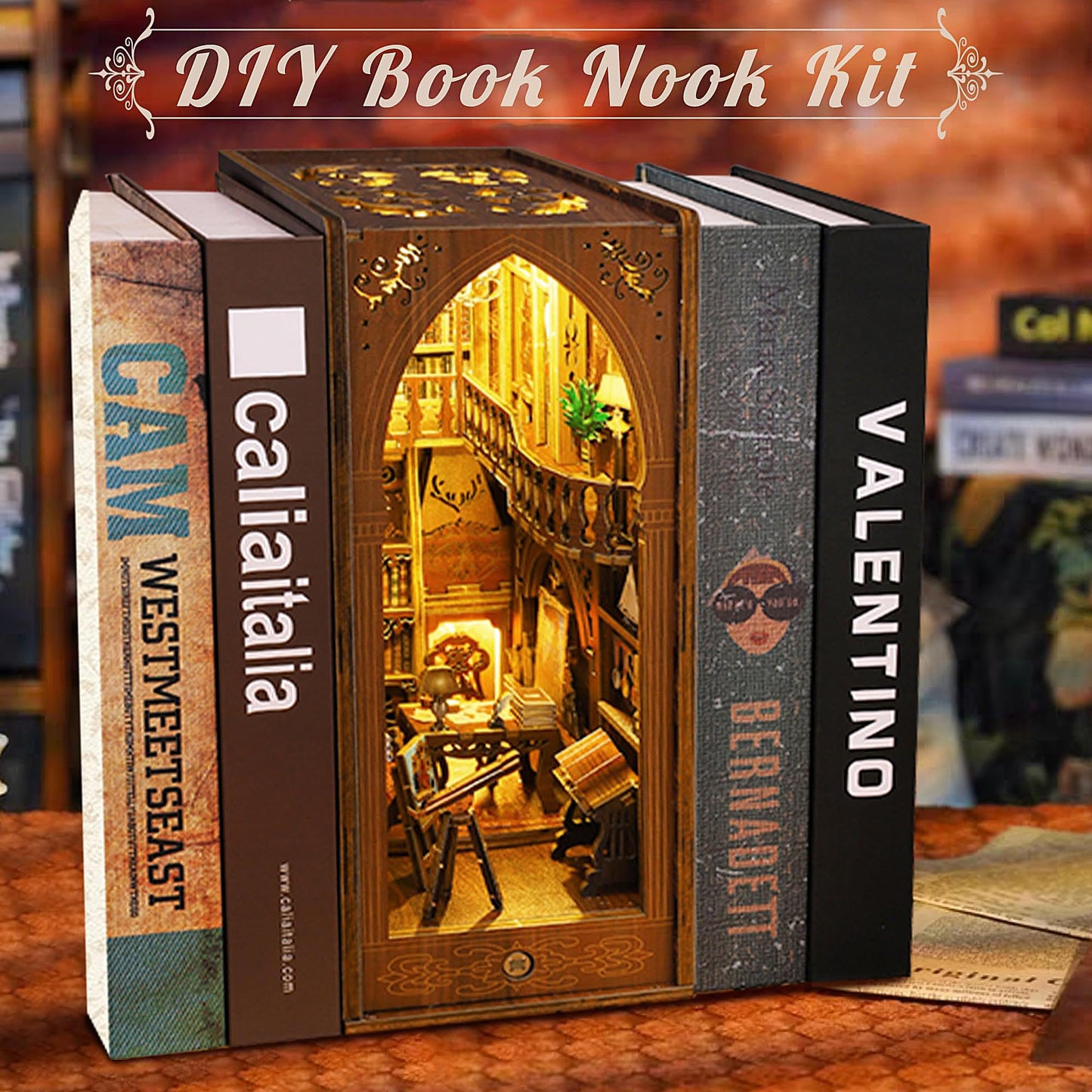 Book Nook Kit, MOJINO DIY Miniature 3D Puzzle Wooden Bookends Doll House with LED Lights for Bookshelf Decor, Tiny Miniverse Model House Art Craft for Adults Gril Halloween Christmas Decoration Gift