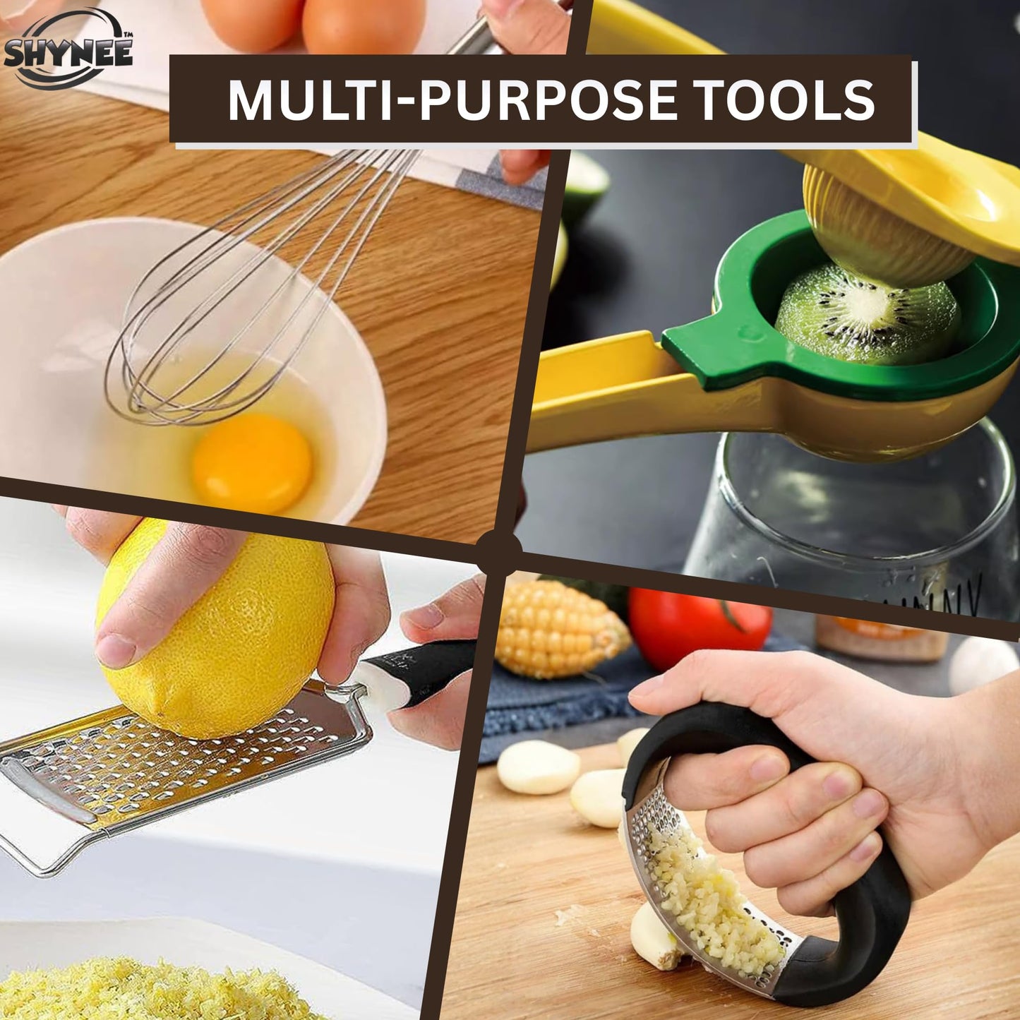 4PCs Kitchen Essentials Kit – Lemon Squeezer, Garlic Press, Stainless Steel Whisk, Multi-Use Grater, Cheese Grater – Durable, Easy to Clean Cooking Tools Set for Everyday Meal Prep