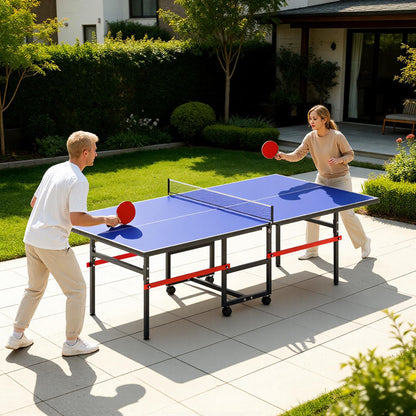 8FT Table Tennis Table with Net, Indoor/Outdoor Professional Ping Pong Table for Kids Adults, Folding Ping Pong Table, Complete Set with Paddles and Balls, School Playground Game Table (Blue)