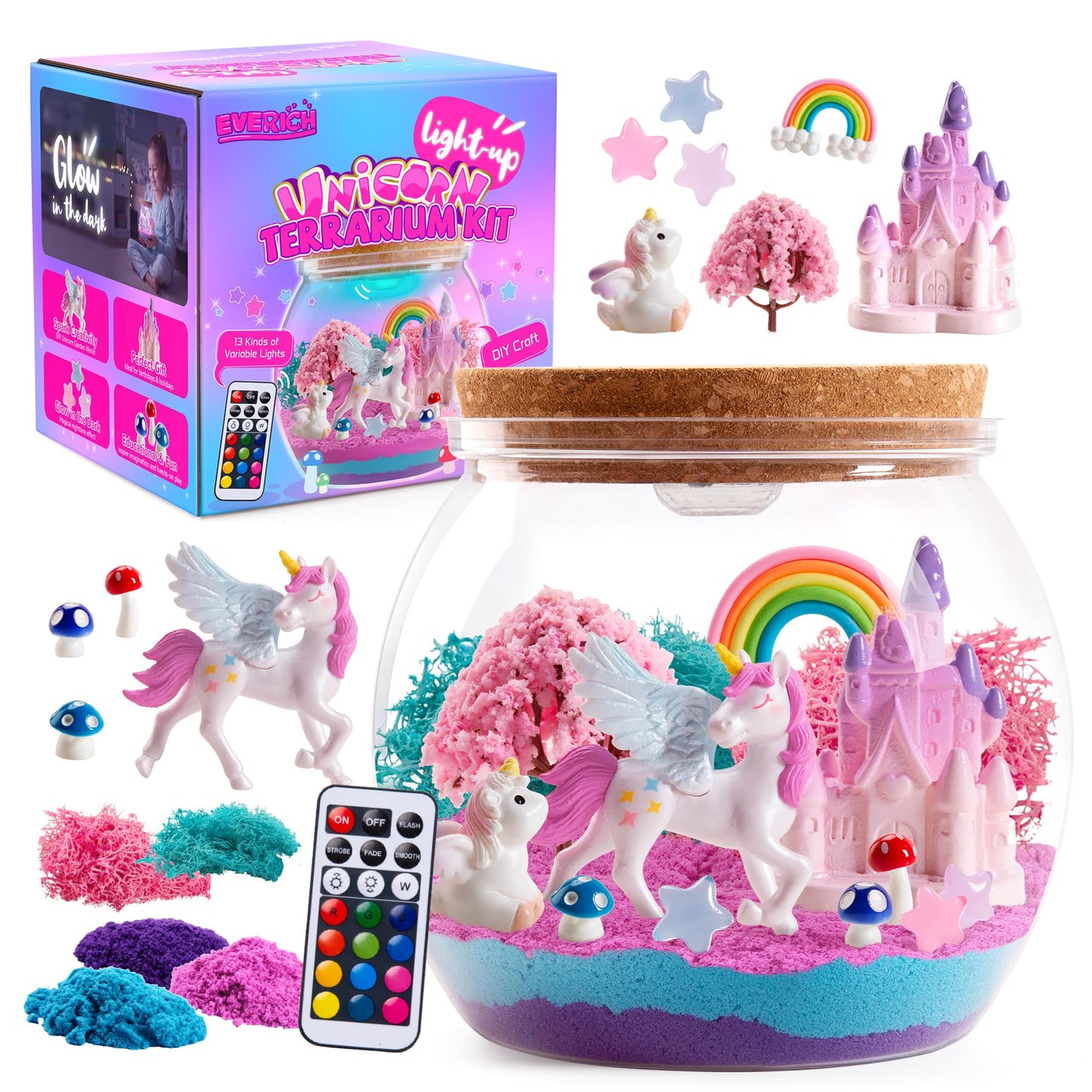 EVERICH TOY Unicorn Terrarium Kit for Girls Ages 4–12, Light-Up DIY Fairy Garden Craft Kit with Remote-Control LED Night Light, Creative Screen-Free Unicorn Gifts & Bedroom Room Décor