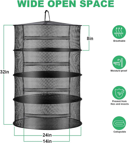 Herb Drying Rack Net Mesh with Black Zippers, 2ft Hydroponics Drying Rack for Plants and Herbs