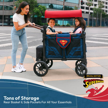 WONDERFOLD W2 Luxe Pro Special Edition Superman Stroller Wagon (2 Seater) - Collapsible Wagon Stroller with Seats with 5-Point Harnesses, Easy Access Zipper Door, and Removable Sun Canopy