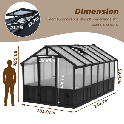 MUPATER 8' x 12' Outdoor Walk-in Greenhouse for Backyard, Wooden Polycarbonate Greenhouse with Lockable Door and Ventilated Window, Heavy Duty Green House with UV Protection & Heat Insulation, Black
