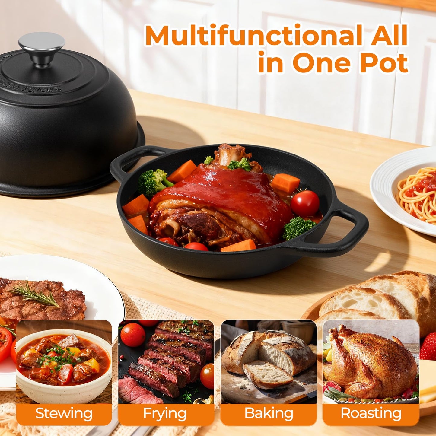 5QT Pre-Seasoned Cast Iron Dutch Oven For Bread Baking, Dutch Oven with Domed Lid, Sourdough Bread Baking Supplies, Multi-Functional Bread Pan For Baking, Frying, Roasting