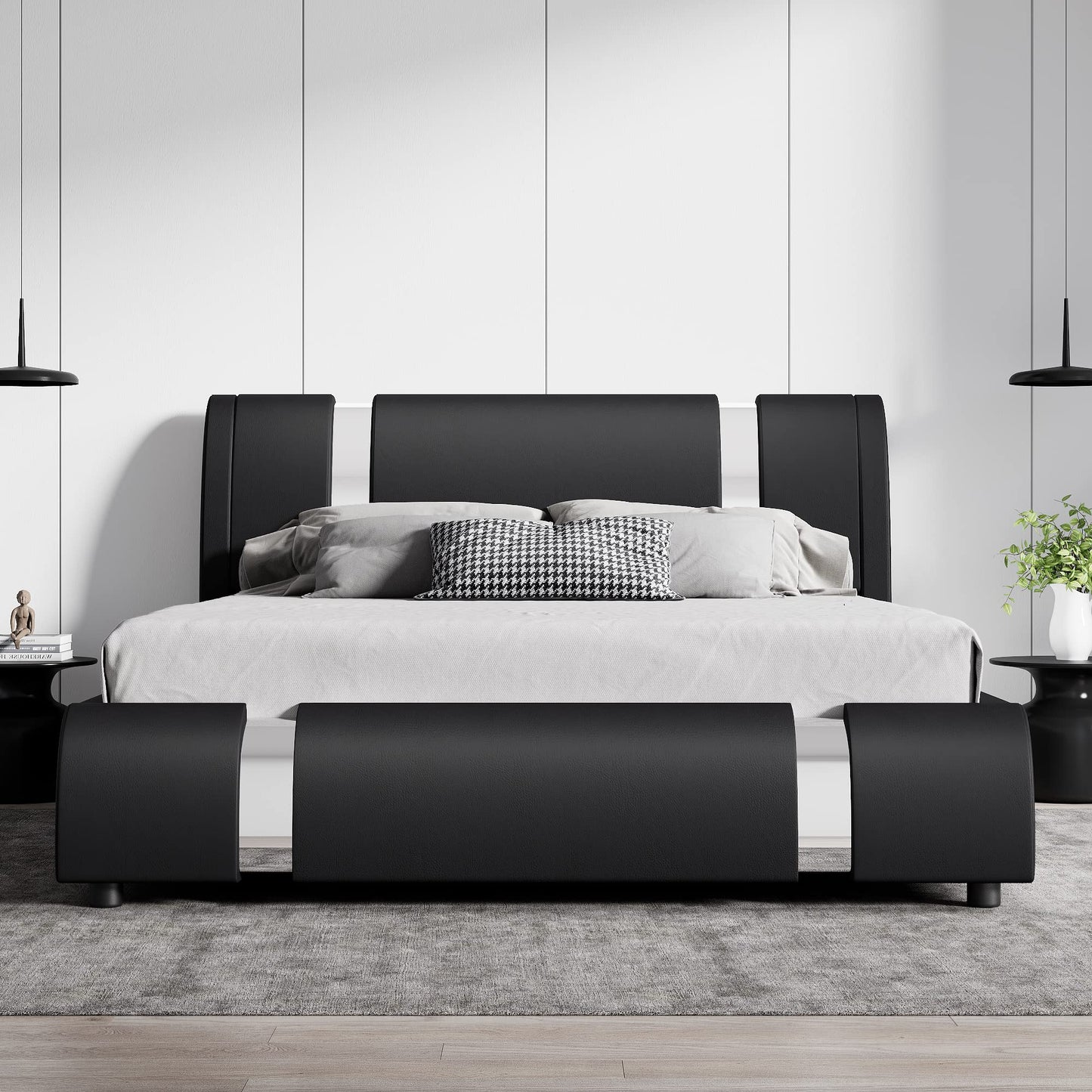 SHA CERLIN Modern Faux Leather Queen Bed Frame with Adjustable Headboard and Iron Accents, Deluxe Upholstered Platform Bed with Solid Wooden Slats Support/No Box Spring Needed, Black