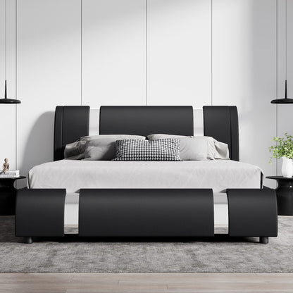 SHA CERLIN Modern Faux Leather Queen Bed Frame with Adjustable Headboard and Iron Accents, Deluxe Upholstered Platform Bed with Solid Wooden Slats Support/No Box Spring Needed, Black