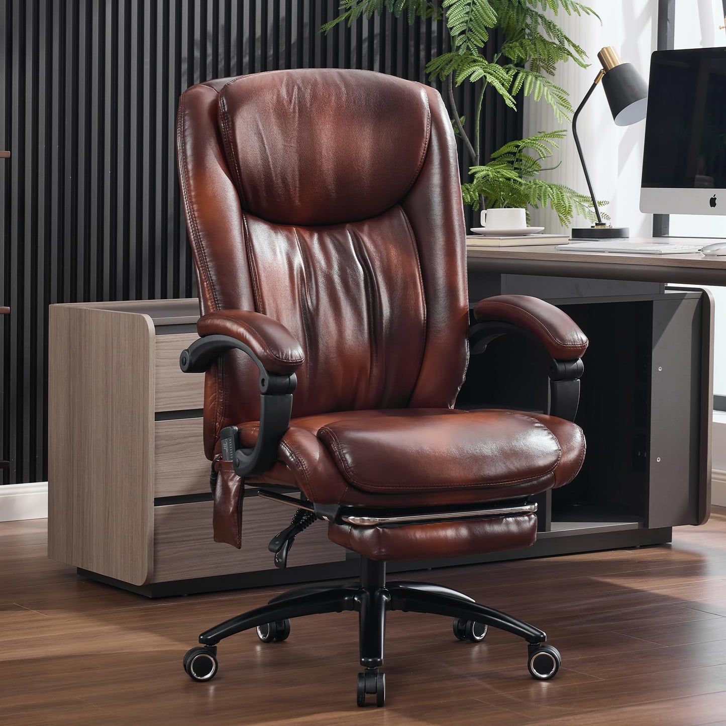 Fmolat High Back Massage Executive Chair, PU Leather, Big & Tall, Vibration Massage & Heating,95-135° Recline with Footrest, Ergonomic Office Chair for Home & Gaming,Brown