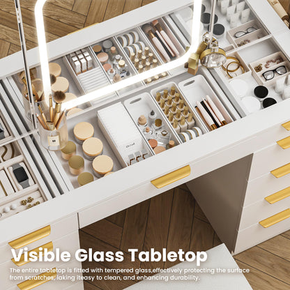 Pamapic 11 Drawers Vanity Desk with Foldable Mirror, Glass Top Makeup Vanity with LED Lights, 3 Lighting Modes, Golden Handles Dressing Table with Chair and Power Outlet