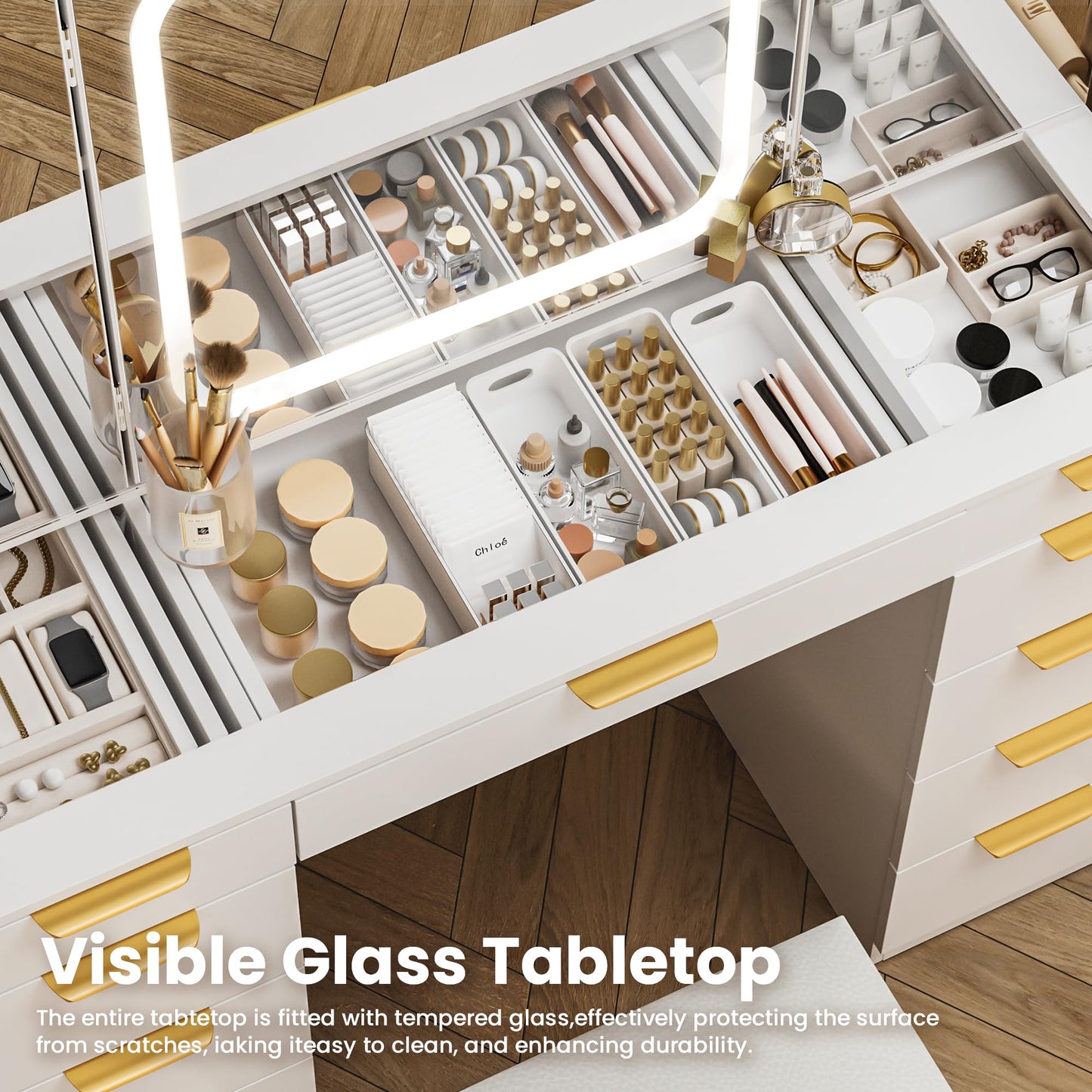 Pamapic Glass Top Makeup Vanity Desk with Foldable Mirror and Lights, 11 Drawers Vanity with Chair and Power Outlet, 3 Lighting Modes Makeup Table, Golden Handles, White