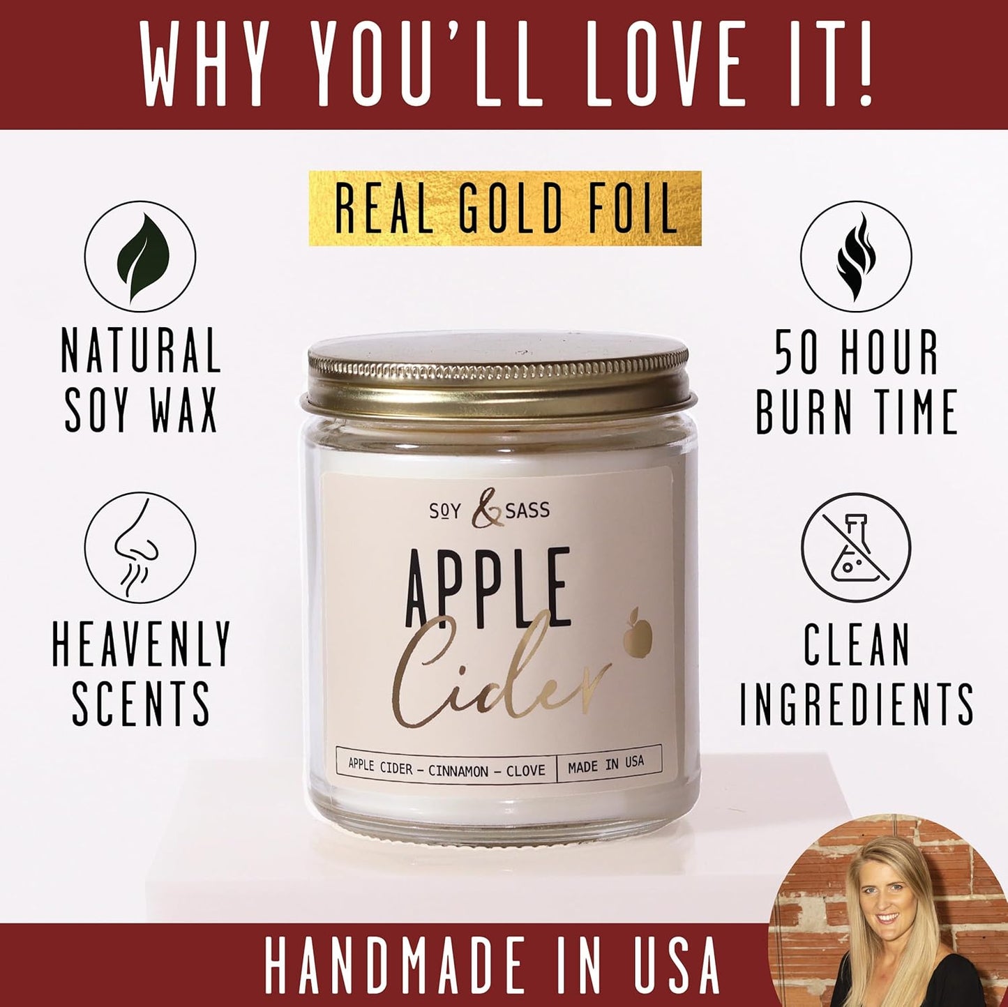 Apple Cider Candle - Fall Scented Candle with Essential Oils - 9oz Reusable Jar, 50Hr Burn, Made in USA
