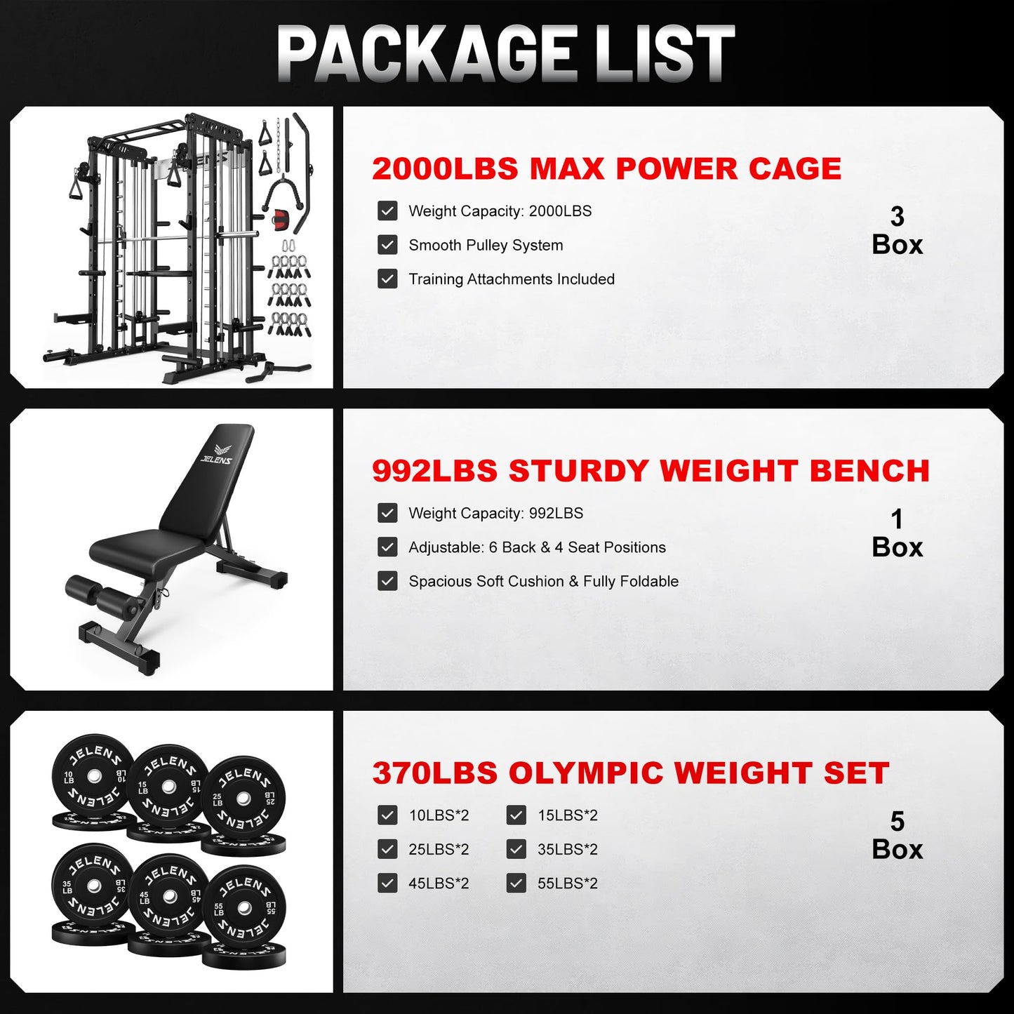 JELENS Smith Machine for Home Gym, Multi-Function M12 Power Cage with Cable Crossover System, Squat Rack with Smith Bar and More Attachment (Black, 370LB Black Weights Package)
