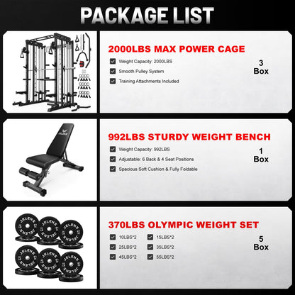 JELENS Smith Machine for Home Gym, Multi-Function M12 Power Cage with Cable Crossover System, Squat Rack with Smith Bar and More Attachment (Black, 370LB Black Weights Package)