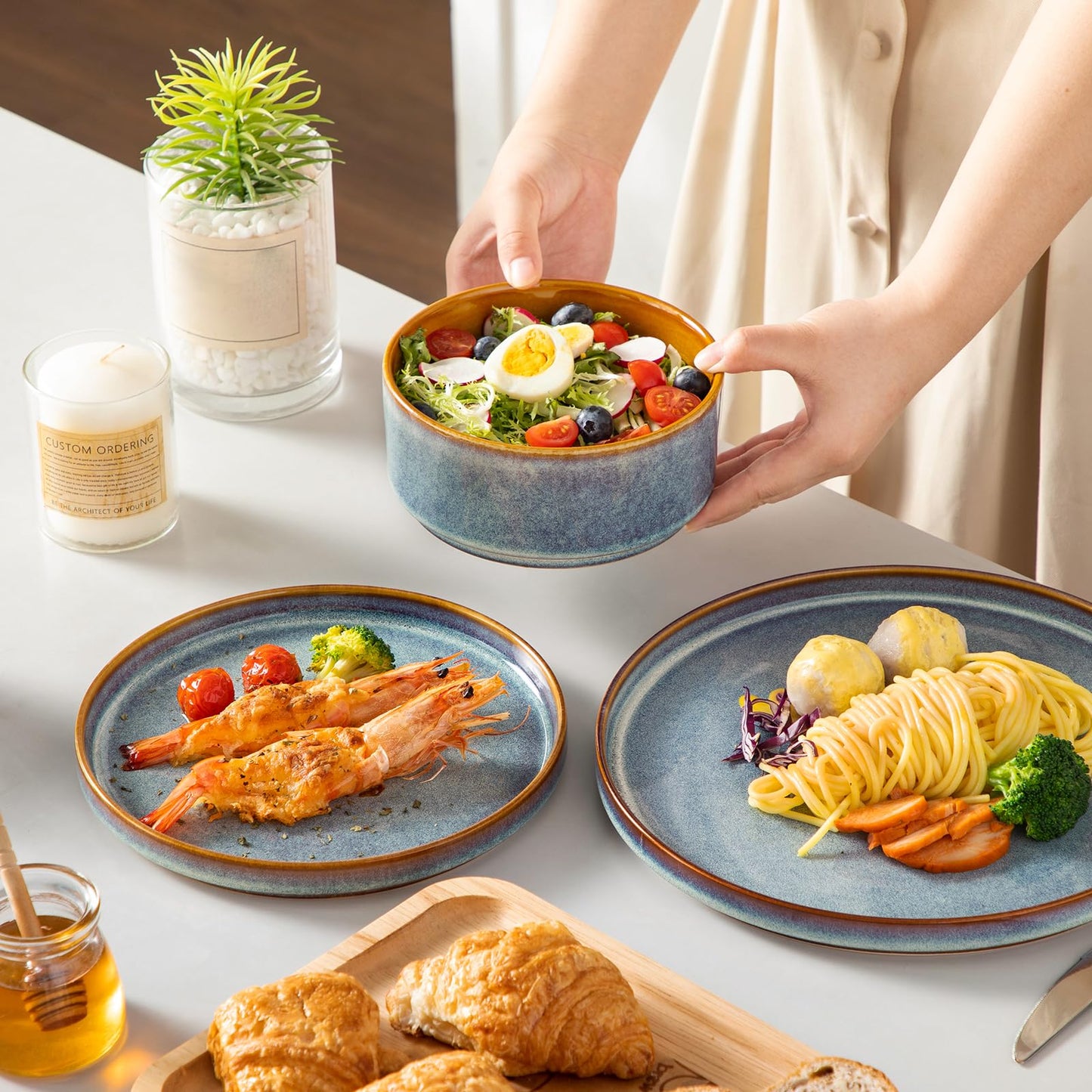 vancasso ONION Ceramic Dinnerware Sets, 12 Pieces Stoneware Plates and Bowls Sets for 4, Reactive Glaze Dishes Set for Kitchen, Dishwasher and Microwave Safe, Blue
