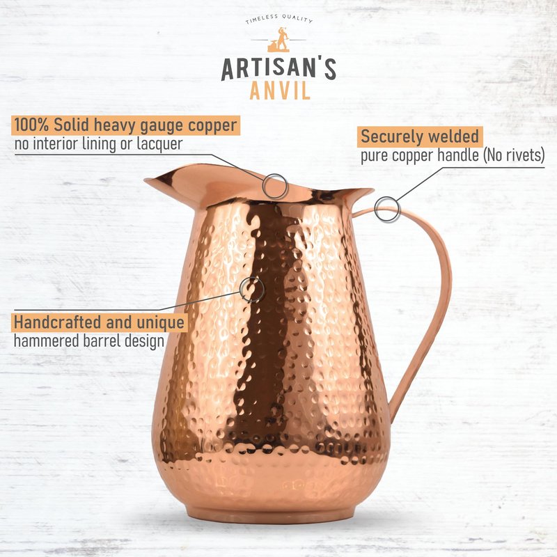 Artisan's Anvil Hammered Copper Pitcher w/Handle, 100% Copper, Heavy Duty, Handmade, 70 fl. Oz., Best for Water, Ayurveda, Moscow Mules, Cocktails