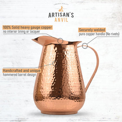 Artisan's Anvil Hammered Copper Pitcher w/Handle, 100% Copper, Heavy Duty, Handmade, 70 fl. Oz., Best for Water, Ayurveda, Moscow Mules, Cocktails