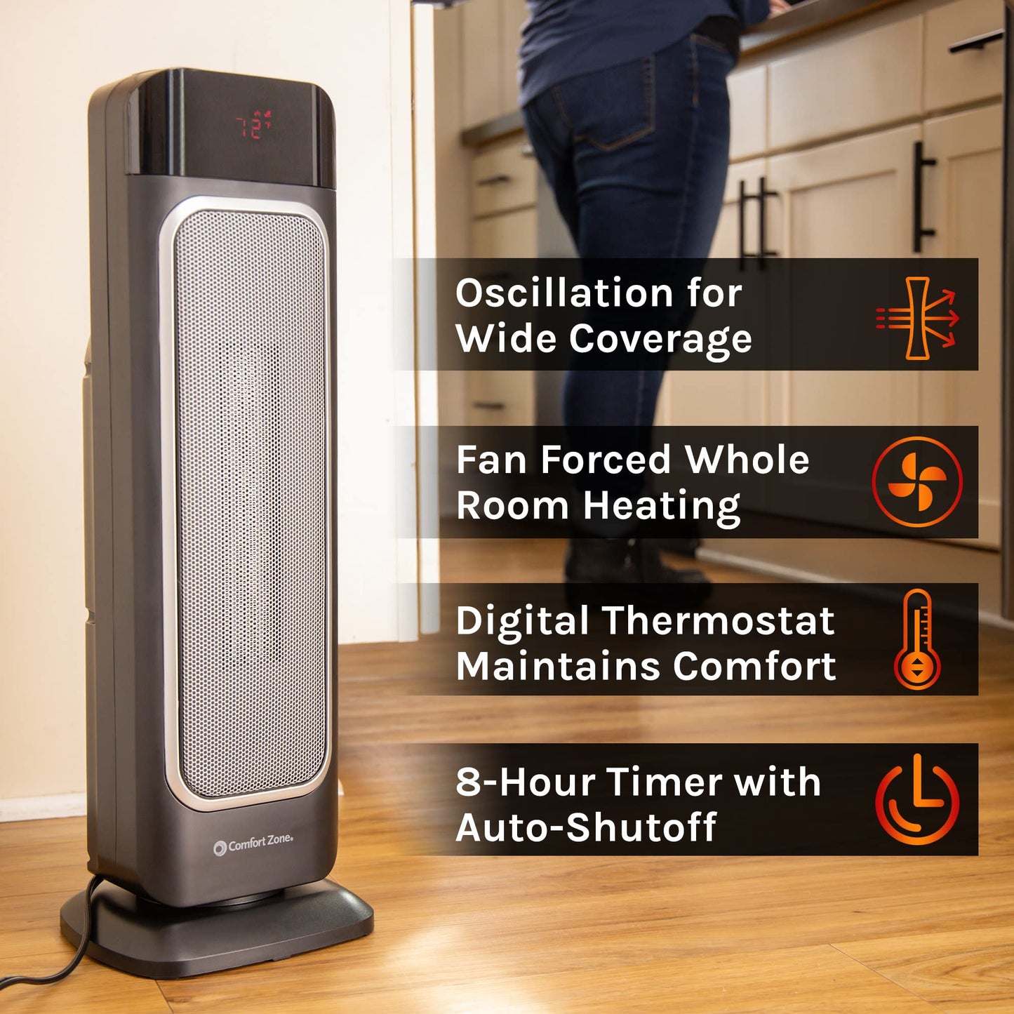 Comfort Zone Electric 24" Oscillating Digital Tower Space Heater with Full Function Remote, Adjustable Thermostat, and Overheat Protection, Ideal for Home, Bedroom, & Office, 1,500W, CZ523RBK