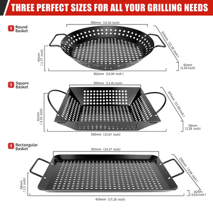 Qetumst Large 3 Piece Grill Basket Set for Outdoor Grill, Heavy Duty Veggie Grilling Pan with Riveted Handles, Warp Resistant Nonstick BBQ Accessories for Vegetables, Seafood & Meat