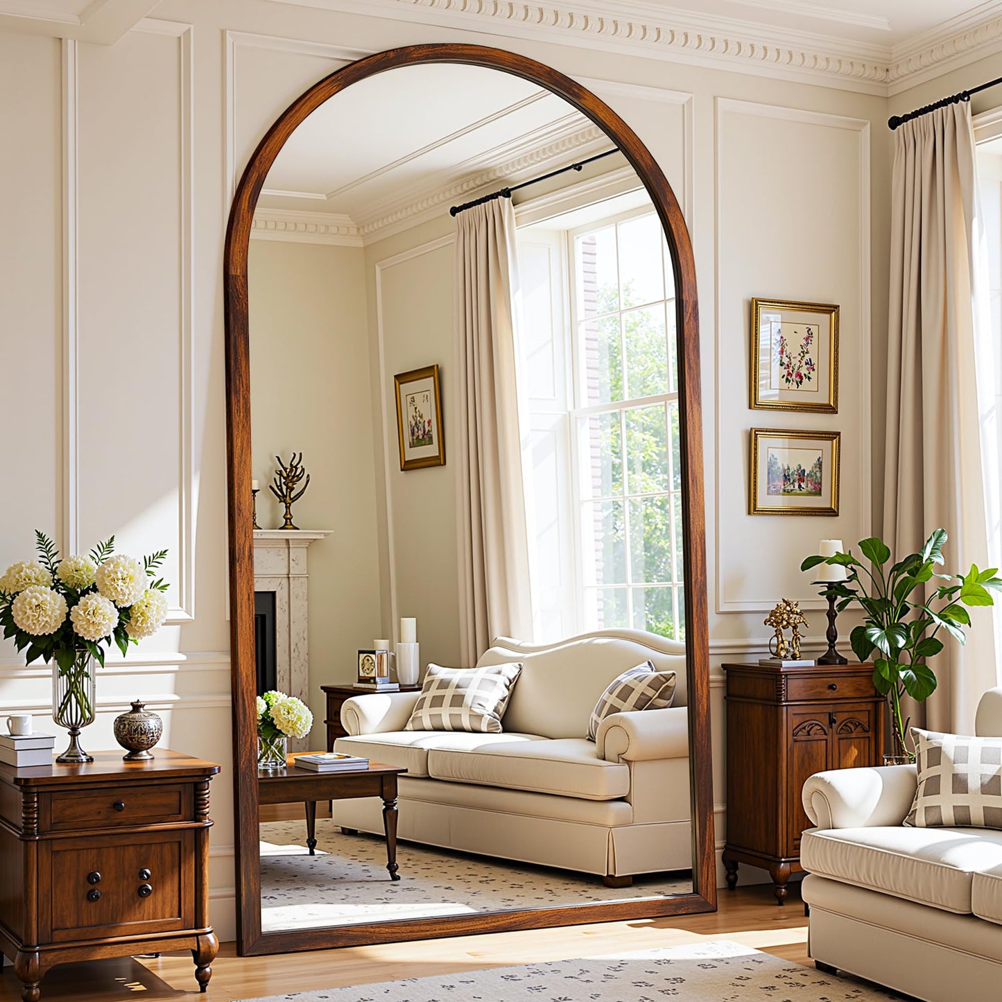 Full Length Mirror 82"×44" Floor Mirror Standing Tall Mirror, Arched Stand up Large Wall Mirrors, Freestanding Full Body Mirrors for Bedroom Living Room Wood Antique Style Walnut