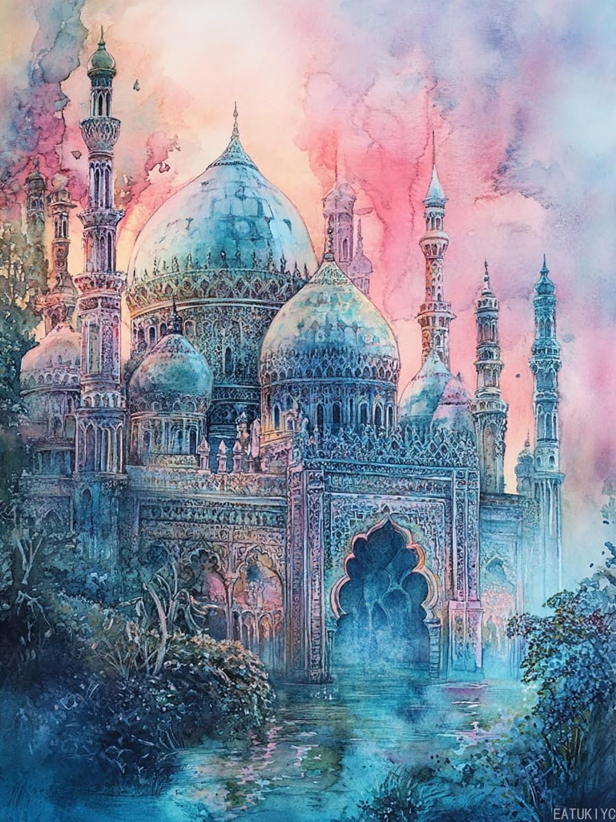 DIY Diamond Painting Muslim Islamic, Full Round Drill Kits Mosaic Art for Adults Relax Home Wall Decor Festival Gift 12x16 inch