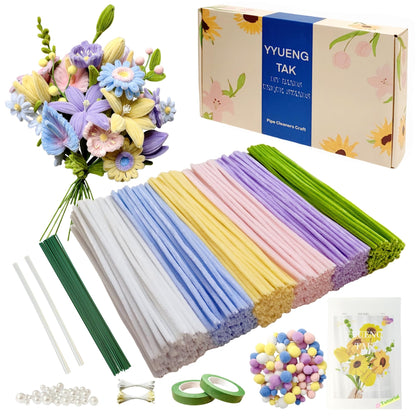 YYUENGTAK 500 Pcs Pipe Cleaner Flower kit with tutoria,Pipe Cleaners Craft(6 Colors)，Chenille Stems Flowers Craft kit with 20 pcs Green Floral Wires,Gardening Tape,Stamen(2 Colors),Pearl Beads,pompoms