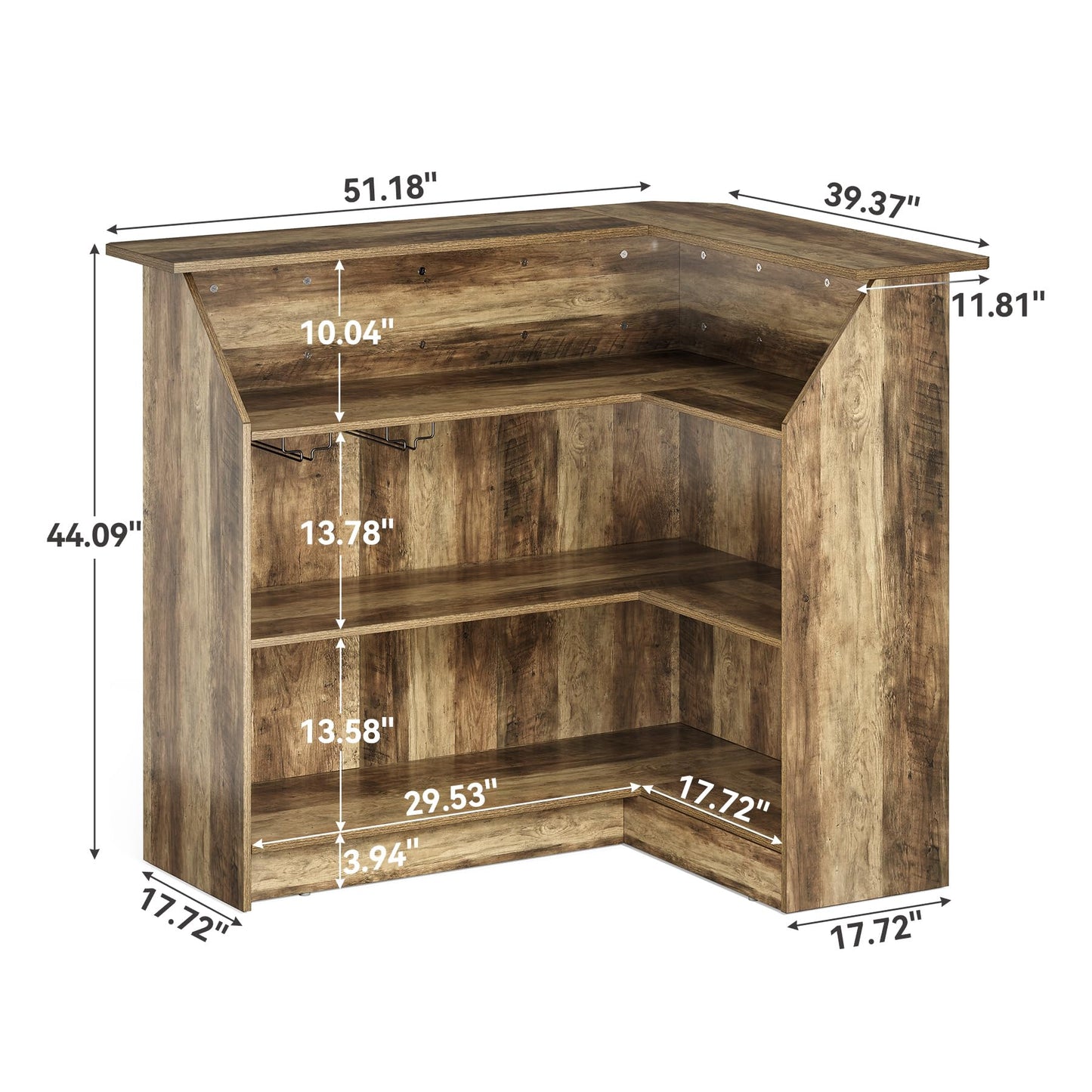 LITTLE TREE Home Bar Cabinet, 4-Tier Mini Bar Cabinet with Stemware Rack, Freestanding Wooden Bar Cabinet, L-Shaped Liquor Table Cabinet for Living Room, Dining Room, Rustic Brown