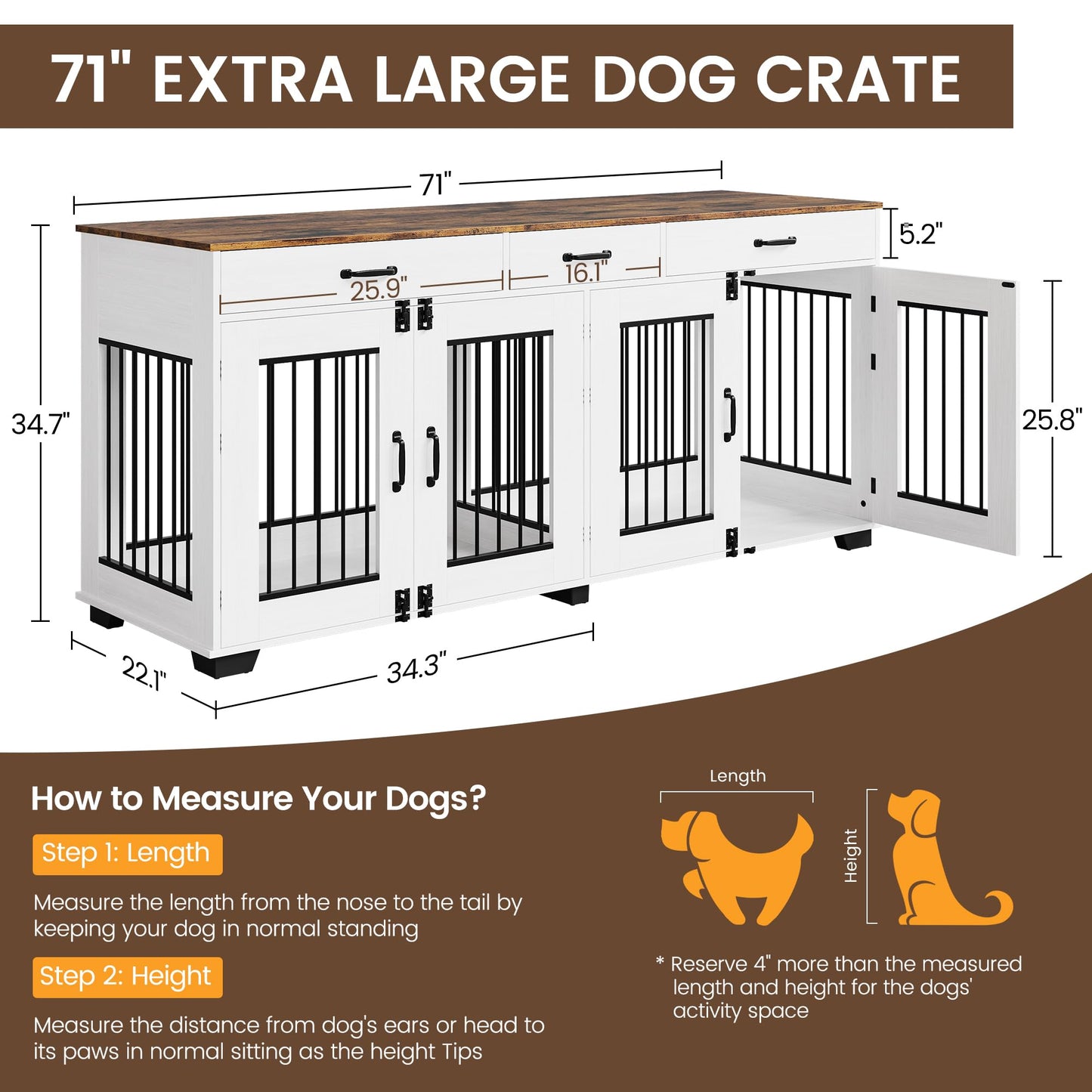 Garvee 71 in Large Dog Crate Furniture for 2 Dogs with 3 Drawers, Heavy Duty Double Indoor Dog Kennel and TV Stand for Medium Large Dogs, Brown & White
