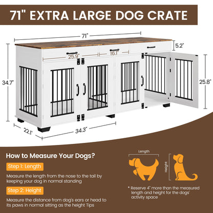 Garvee 71 in Large Dog Crate Furniture for 2 Dogs with 3 Drawers, Heavy Duty Double Indoor Dog Kennel and TV Stand for Medium Large Dogs, Brown & White