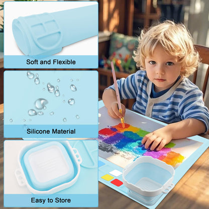 MEKOTRIN 2PCS Silicone Painting Mat, 20"X16" Art Mat with Cup and Palettes, Silicone Craft Mat has 16 Color Dividers, Paint Mat for Artist Clay DIY Creations(Blue+Green)
