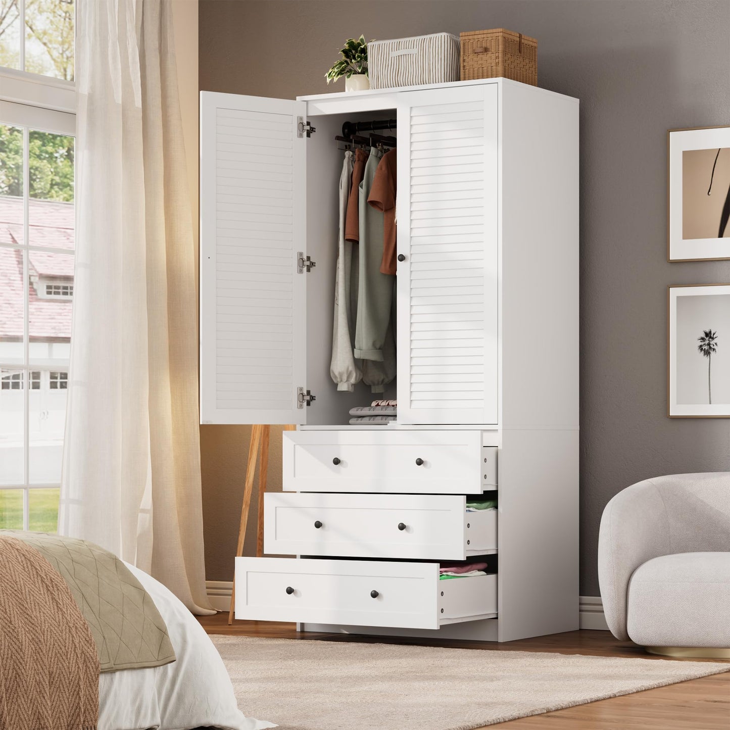 GarveeHome Armoire Wardrobe Closet with Drawers, 69.5 in Wooden Wardrobe Cabinet with Hanging Rod, 2 Doors Clothing Storage Cabinet for Bedroom, Large Capacity Storage, Louvered Door, White
