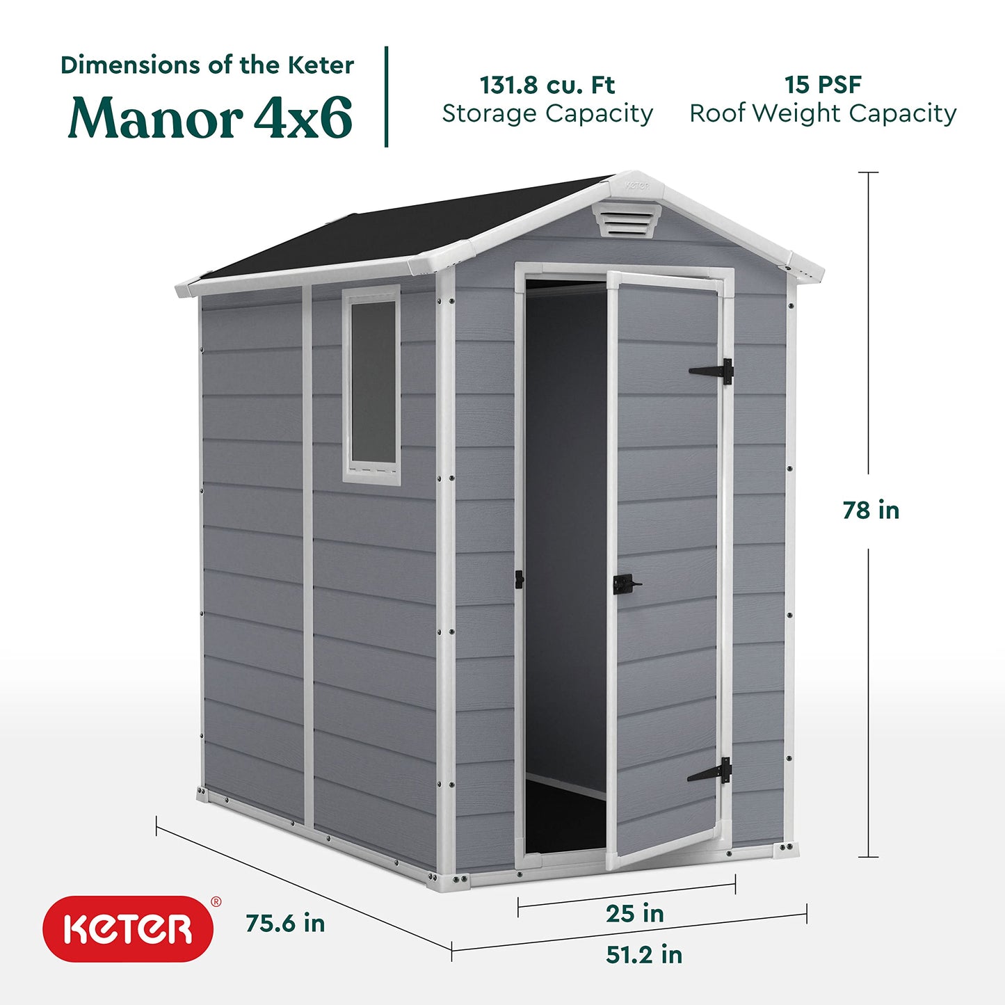 Keter Manor 4x6 Resin Outdoor Storage Shed Kit-Perfect to Store Patio Furniture, Garden Tools Bike Accessories, Beach Chairs and Lawn Mower, Grey & White