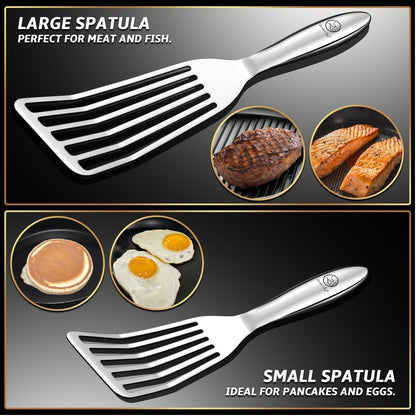 Stainless Steel Fish Spatula Set – 1 Large Fish Turner + 1 Small Metal Spatula, Ultra Thin Edge for Easy Turning & Flipping, Metal Kitchen Untensils with Ergonomic Non-Slip Handle, Dishwasher Safe