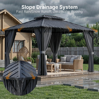 Ahomly 10'x12' Hardtop Gazebo, Aluminum Frame Metal Canopy with Double Roof, Outdoor Gazebo with Breathable Netting & Privacy Curtains, Pavilion for Patios for Backyard Deck Dark Grey