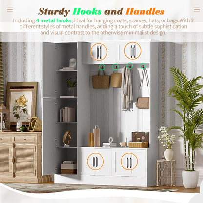 Hall Tree with Bench and Shoe Storage, Entryway Coat Rack with Storage, 4-in-1 Entryway Bench with 6 Cabinets, 4 Coat Hooks & Adjustable Shelf, Mudroom Bench with Storage and Hooks for Hallway, Livin