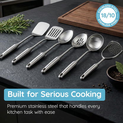 Stainless Steel Slotted Cooking Spoon, 15 Inch Large Metal Chef Strainer Utensil For Cooking, Serving, And Mixing, The #1 Dishwasher Safe Kitchen Tool, Long Spoon With Holes