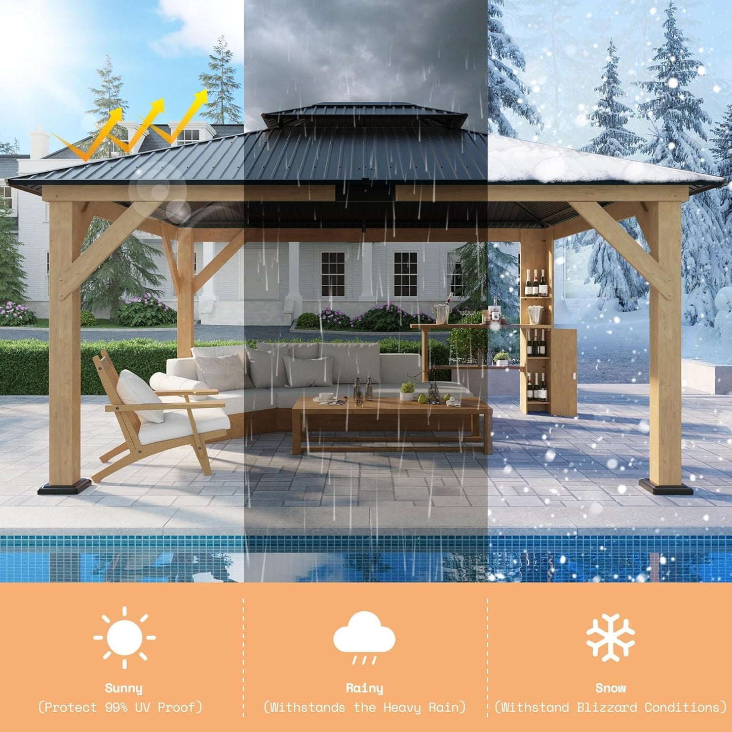 AMERLIFE 13x15 Spruce Wood Hardtop Carport, Outdoor Gazebo with Double Metal Roof & Storage Bar, Paviloin with Wood Frame for Patio, Parties, Garage, Lawns