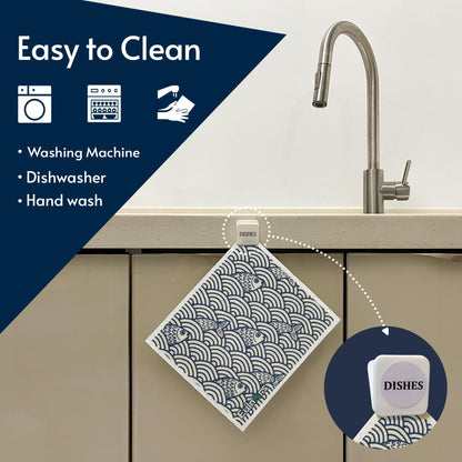 Eulnars Swedish Dishcloths for Kitchen, 8 Pack Japanese Pattern Reusable Paper Towels with Clips, Non-Scratch Swedish Dish Towels, Super Absorbent Cellulose Dish Cloths, No Odor