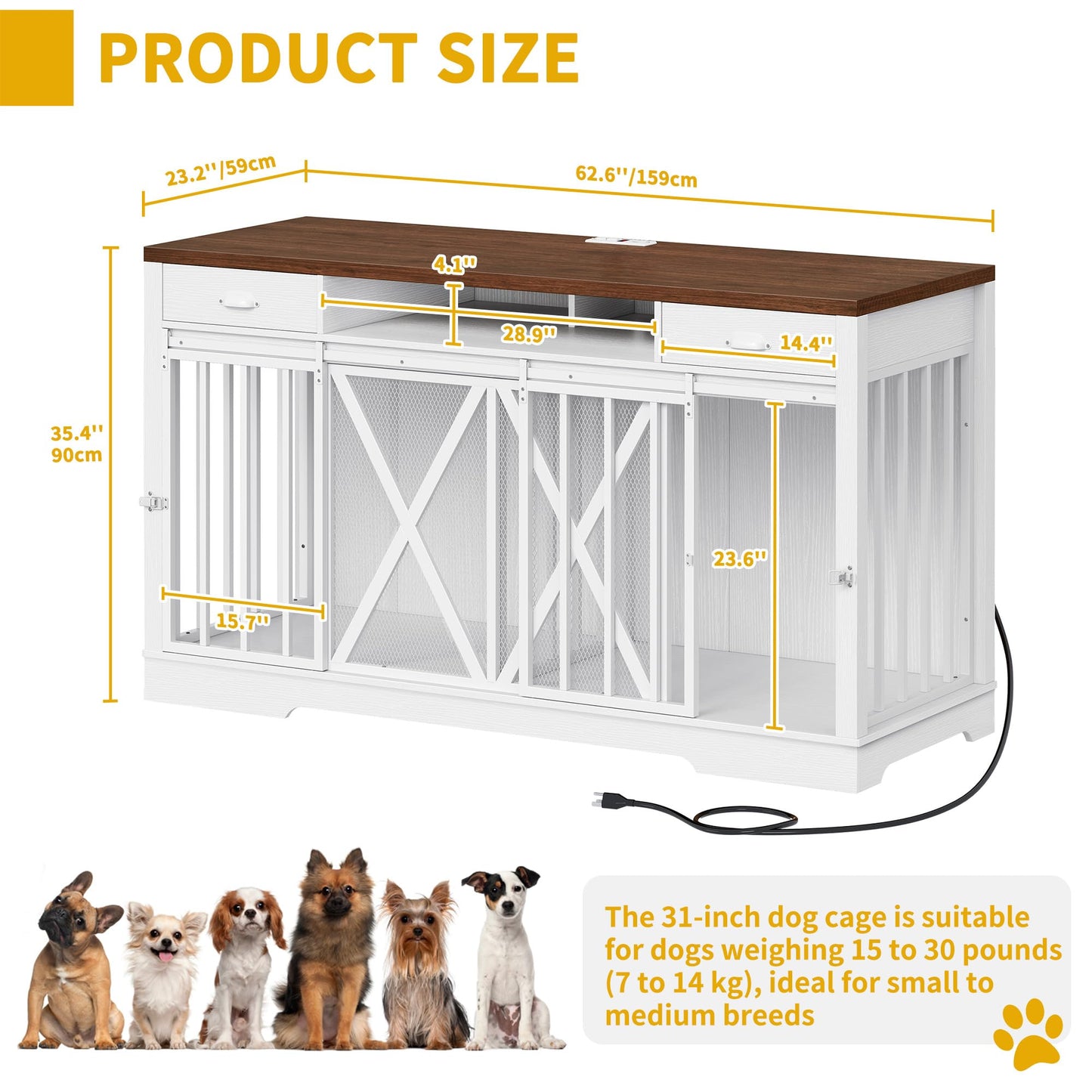 DWVO 63 Inch Double Dog Crate Furniture for 2 Dogs, Heavy Duty Wooden Dog Crate TV Stand with Charging Station, Dog Kennel Indoor Furniture Double Sliding Barn Door Design Ideal for 2 Dogs, White