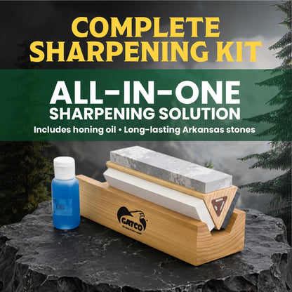 Gatco Arkansas Tri-Hone Sharpening Stone System – 3 Grit Knife Sharpening Kit with Soft, Medium & Coarse Stones, Honing Oil & Wood Base for Knives, Chisels, Blades, Straight Razors & Outdoor Tools